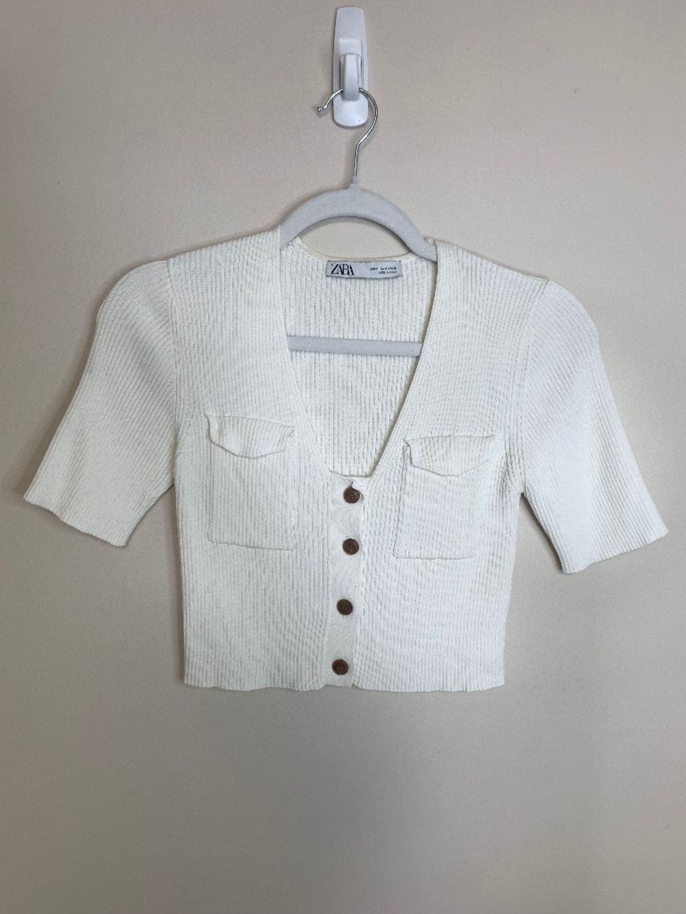 Zara White Ribbed Cropped Short Sleeve Button Up Cardigan M